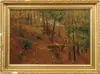 William Merritt Post, Autumn Hillside, Oil on canvas scene shows hillside covered with trees in Autumn foliage with a winding path