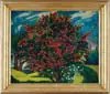 Louise Upton Brumback, Red Flowering Tree, Oil on canvas scene shows backyard with large red flowering tree and green grass under a blue and white sky