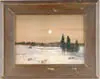 James Henry Moser, Moonlit Winter Landscape, Watercolor scene shows full moon in a brownish sky, snow covered fields with a fence and line of tall poplar trees