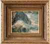 C. K. Chatterton, Rocks and Surf, Oil on board scene shows waves crashing on gray coastal rock shoreline. Blue/green ocean with white foam