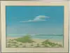 Robert Blazek, Terns on High Head Beach, North Truro, Cape Cod, Watercolor scene shows three birds on sand and grass covered beach. Small wave breaks under a light blue and cloud sky