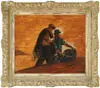 Gifford Beal, Two Fisherman, Light oil on wood panel scene shows two fisherman, one with net over shoulder, the other with two handled basket
