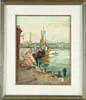 Paul Strisik, Harbor Scene, Oil on board Gloucester scene shows fishing boat moored to long dock with man in rowboat. Town is seen on far shore