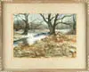 Don Stone, The Stream, Watercolor scene shows a stream with snow covered banks and large trees