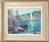 Maria Veronica Liszt, Harbor with Sailboat, Oil on canvas depicts Gloucester Harbor with boats at dock with village in background