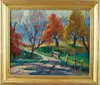 Maria Veronica Liszt, Study of Fall Colors, Oil on canvas scene shows several large trees in different fall colors lining a dirt road with fence