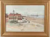 Melbourne H. Hardwick, Untitled, “KATWIJK VILLAGE”. Watercolor depicts Dutch coastal scene with boats, village and figures in the foreground