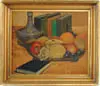 Food for Thought by Hallister Kennedy, Oil on board still life scene shows plate of colorful fruit, bottle and books, sold Jan 2005
