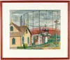 Charles Trumbo Henry, Gas House, Architectural watercolor showing yellow gas house next to large supply pipes and large gas reservoir