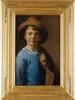 Will Rowland Davis, Portrait of Boy with Brown Hat, Oil on canvas half portrait shows standing boy with blue shirt holding coat at shoulder. He wears a large brown hat