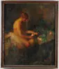 Will Rowland Davis, Pan with Fruit, Large oil on canvas scene shows a seated elf-like nude figure pealing an apple with other apples and leaves beside