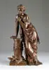 Pierre Louis Detrier, Lady at Column with Birds, Find bronze sculpture of woman in classical outfit holds torch leaning on column with flower swag with two doves below