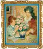 Pierre Eugene Duteurtre, La Composition Des Bouquet, Oil on canvas interior scene shows two girls arranging a large bouquet of red/pink flowers in a blue and pink vase
