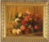 Camille Matisse, Still Life of Flowers, Oil on canvas still life scene shows a vase with huge bouquet of flowers including pink and yellow roses