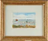 Yves Brayer, Riziere En Camargue, Watercolor scene shows horse drawn plow with man behind, criss-crossing a green field