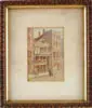 T. Wynne Williams, English Street Scene, Small watercolor street scene shows mother and child walking along street next to buildings