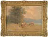 Gaetano Capone, Cows in Landscape, Oil on canvas landscape shows two cows feeding in field with trees and lake beside