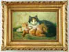 Henriette Ronner Knipp, Mother and Her Kittens, Oil on wood panel scene shows mother cat lying on green blanket with three small kittens beside