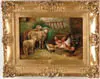 Auguste Laux, Barnyard Scene with Sheep and Chickens, Oil on plywood scene shows three sheep and five chickens in an outside setting with feed troughs