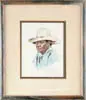 George Bertrand Mitchell, Dan Wild Man, Stoney Tribe, Watercolor and graphite portrait of a man with yellow western style hat and aqua shirt