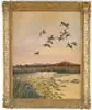 Hugh Monahan, A Trullough in August, Oil on canvas wildlife scene shows a flock of eleven ducks coming in to land on a lilypad covered marsh/pond