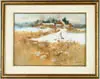 Alan Robert Chiara, Winter Retreat, Watercolor? on paper scene shows a farmhouse in winter with evergreens behind and mountains in the distance