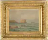 Unsigned, Coastal Scene with Sailboats and Islands, Oil on board scene shows two sailboats amongst large islands, one with cliff sides, another has three houses