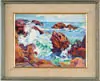 Dorothy Alden Hapgood, Coastal Waves and Rocks, Oil on board scene shows green and white waves crashing on large rocks