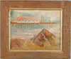 Edna Kaula, Rising Mist, Oil on canvas scene shows a Maine harbor having boathouse on stilts with lobster boat beside