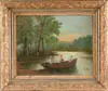 Unsigned, The Fishing Trip, Oil on board scene shows two men and lady fishing in small pond. Landscape background with house