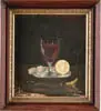 Unsigned, Table Top Still Life, Oil on canvas scene shows wine goblet, half a lemon on a tray with coin silver spoon