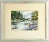 M. L. C. Weker, Fly Fishing, Watercolor scene shows man with fly rod on cascading river with bridge and landscape background