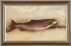 Lewis Ewer, Brook Trout, Oil on canvas of a large brook trout, which is lying on a sandy bank. Landscape behind