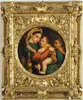 Unsigned, Raphaels Madonna of the Chair, Oil on canvas copy showing a young woman holding small child in lap with other child looking on