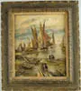 Ludolfs Liberts, The Fishing Fleet, Oil on board shows several tall sail fishing boats along beach front with boats and people in foreground