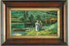 Abbott Fuller Graves, French Landscape, Oil on panel scene shows two ladies on grassy bank of river with small boat beside and bridge in background