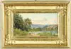 George Candee, Wyoming Valley at Wilkes Barre Kingston Side, Penn, Oil on board scene shows river valley in summer with blue mountains, green trees and pasture hillside
