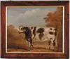 Unsigned, Portrait of a Bull, Oil on canvas portrait of a white and brown bull standing in a landscape setting with blue sky and white clouds