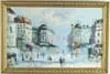 Randall Davey, European City Scene, Modern oil on canvas scene shows brightly colored large buildings with people in open square setting with fountain