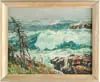 Parker Gamage, Near Long Cove, Maine (Chamberlain), Oil on board scene shows crashing waves on rocky coastline
