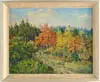 Parker Gamage, Autumn Forest, Oil on board Maine scene shows country road through colorful autumn forest