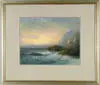 D.A. Fisher, Coastal Sunset, Fine colorful pastel shows sailboats off steep point of land with crashing surf on beach