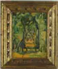 Charles E. Burchfield, The Tree Lined Entry Way, Oil on board scene shows a driveway leading through a frame of green and tan trees to a distant large house