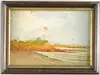 Unsigned, Great Hill, Kennebunk, Maine, Oil on board scene shows houses with American flags flying on tall flagpole. Atop bluff with beach in foreground