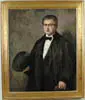 Leon Kroll, Portrait of a Gentleman in Tuxedo, Oil on canvas 3/4 portrait shows man in formal black suit holding black hat and wearing white shirt with black bow tie