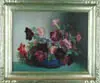 Beatrice Hagarty Robertson, Petunias, Oil on panel still life scene shows large blue bowl of pink, purple and red petunias