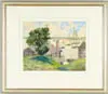 Taber Sears, North Water Street Cottage, Watercolor scene shows harbor with five moored sailboats. Beside water are two cottages with walkway to water