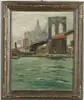 J. H. D. R., Brooklyn Bridge, Oil on canvas scene shows the Brooklyn Bridge and large buildings beyond. Green water