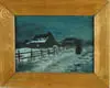 Sadakichi Hartmann, Midnight Stroll, Gouache on paper nighttime winter scene shows figure in black with cane walking along rail fence on snow covered ground