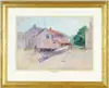 Walter Manly Hardy, The Beached Dory, Watercolor scene shows a rowboat on dry land next to houses and green tree